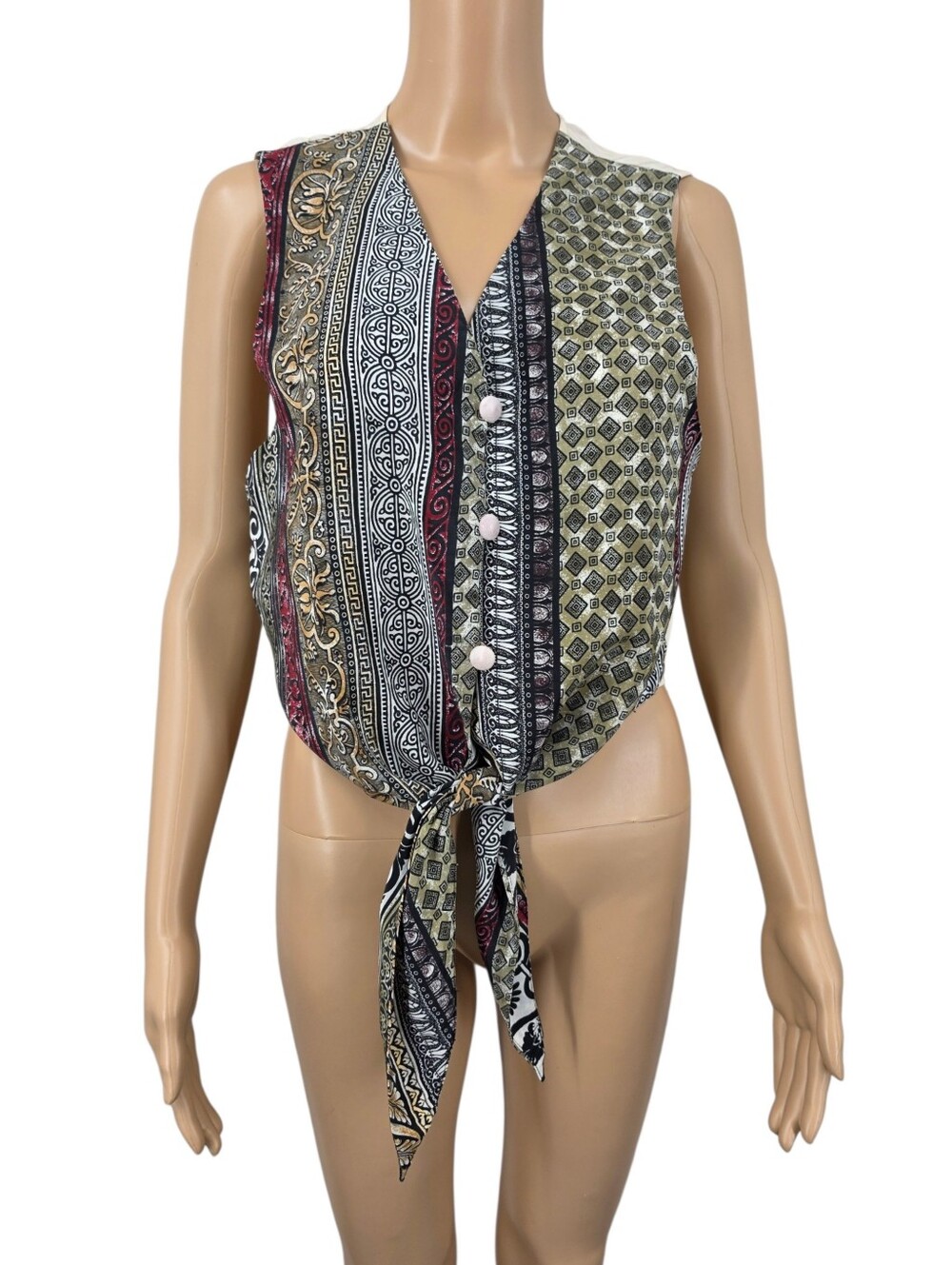Vintage Silk Patterned Tie-Front Sleeveless Vest Top in Olive and Deep Red